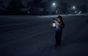 孩子在雪夜街道上手持燈籠