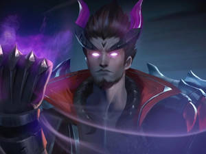 一位擁有發光紫色眼睛和角的黑暗奇幻戰士引導神秘能量。