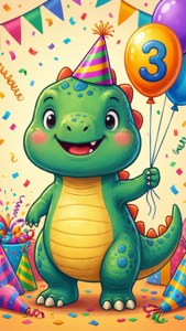 快樂的綠色恐龍用氣球和五彩紙屑慶祝三歲生日。