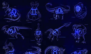 在黑暗背景上，恐龍輪廓內發光的霓虹藍色星座符號。 — 月色夜空 壁紙