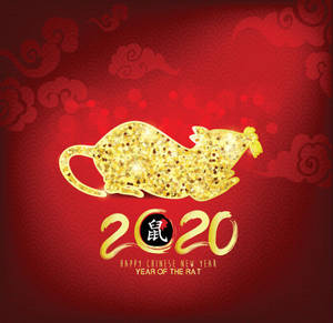 金色老鼠在紅色背景上以雲紋圖案慶祝2020年農曆新年。