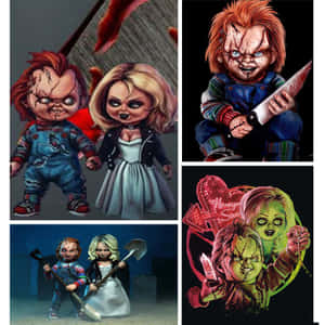 Chucky 與他的新娘娃娃在恐怖主題插圖中手持武器。