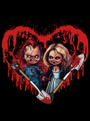 Chucky 和他的新娘拿著沾滿血跡的鏟子，身後有一個紅色心形。