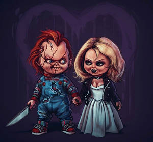 Chucky 和他的新娘在深紫色哥德式場景中牽手。
