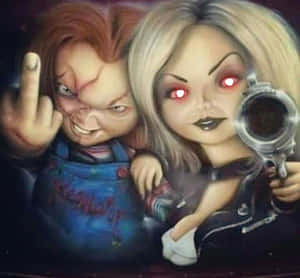 Chucky 和他的女友眼睛發出紅光，持槍並豎中指。