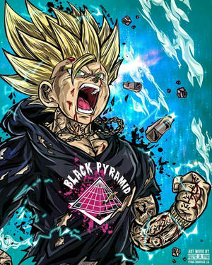 動漫角色，擁有尖刺頭髮和血跡斑斑的臉，在戰鬥中對著宇宙藍色背景咆哮。 — 悟空 壁紙