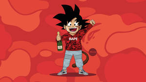 動漫角色穿著紅色BAPE連帽衫，手持香檳瓶，在紅色抽象背景前。