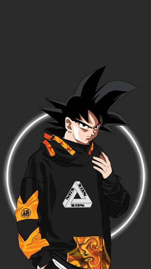 動漫戰士悟空穿著黑色連帽衫帶橙色點綴，身後有發光圓環。 — 格古達黑 壁紙