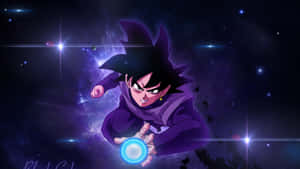 動畫戰士悟空黑（Goku Black）身穿紫色斗篷在太空中聚集藍色能量。
