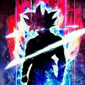 動漫戰士剪影被紅色、藍色和白色的宇宙能量光束包圍。
