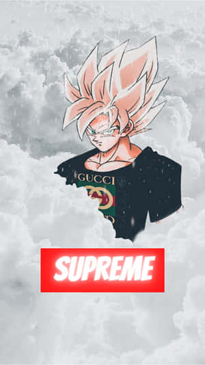 動漫角色穿著帶有Supreme標誌的Gucci襯衫，背景為陰天。
