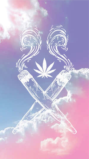 兩支交叉的大麻煙捲，煙霧在帶有雲朵的粉彩天空中升起。