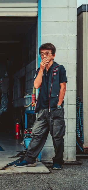 一名穿著工作服的男子在車庫外抽煙。 — Pixel 11 Pro 壁紙