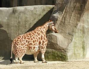 長頸鹿站在動物園圍欄內，有岩石牆壁和沙地。 — 搞笑 壁紙