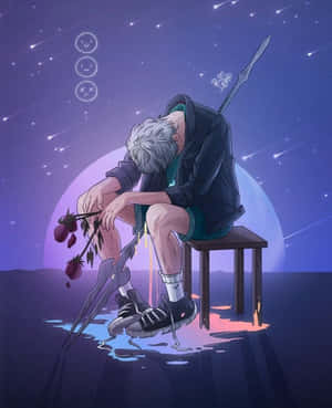 銀髮動漫角色坐在凳子上，在星空紫天下手持枯萎的玫瑰和劍。