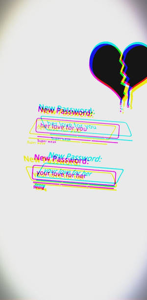 密碼欄位上方帶有霓虹故障效果的破碎心臟和浪漫文字。