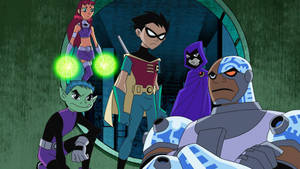 Teen Titans 超級英雄團隊在黑暗科幻場景中，伴隨著發光球體。
