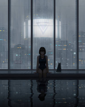 動漫女孩穿著泳衣坐在泳池邊，池水倒映著雨夜的霓虹城市