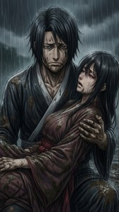 兩個動漫角色穿著濕透的傳統衣服在暴風雨中擁抱。 — 宇智波奧比特 壁紙
