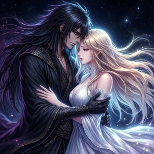 一個黑髮男人身穿黑色長袍，在星光夜空下擁抱一個身穿白色連衣裙的金髮女人。