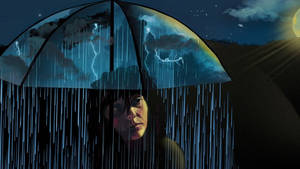 人在暴風雨夜晚撐傘，伴隨閃電和雨水。