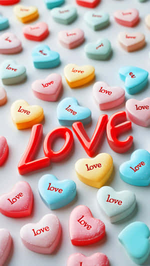 粉彩心形糖果，紅色love文字圍繞大型紅色LOVE字母。 — 愛心 壁紙