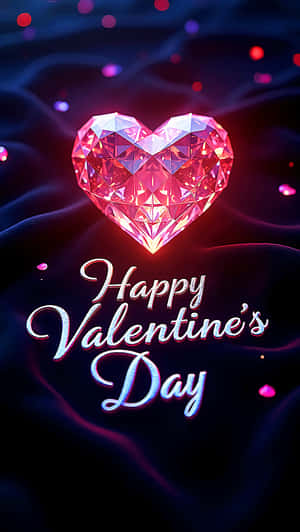 一顆發光的粉紅色鑽石心臟，帶有「Happy Valentine's Day」文字，在深色布料上帶有漂浮的閃光 — 愛心 壁紙