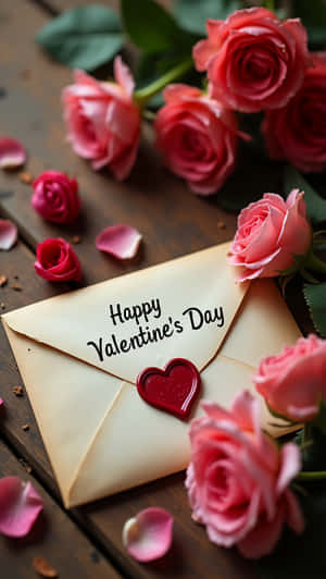 奶油色信封，帶紅色心形封蠟和 Happy Valentine's Day 文字，周圍環繞粉紅玫瑰在木頭上。 — 愛心 壁紙
