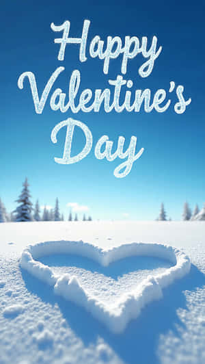 雪地上畫的心形，藍天和松樹背景下霜凍字體的「Happy Valentine's Day」文字 — 愛心 壁紙