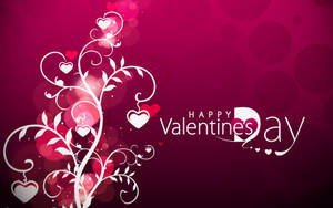 Happy Valentine's Day 圖形，在粉紅色散景背景上有白色心形藤蔓。