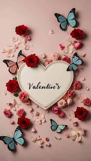 粉紅背景上白色心形帶Valentines文字，周圍有玫瑰和蝴蝶 — 藝術 壁紙