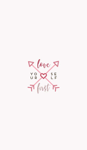 粉紅色交叉箭頭、心形及文字 love yourself first 在白色背景上