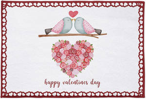 樹枝上兩隻雀仔喺玫瑰心形上面，有「happy valentines day」字樣。