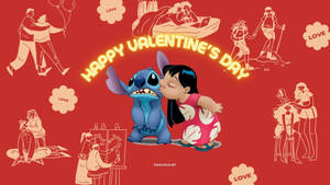 Lilo 親吻 Stitch，帶有 'Happy Valentine's Day' 文字同周圍嘅浪漫場景。 — 可愛情人節gif 壁紙