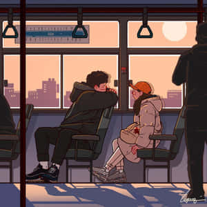 日落時分在地鐵車廂內面對面坐着的情侶。 — 情侶 GIF 壁紙