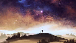 兩個人站在山丘上，背景是繁星點點的夜空和色彩繽紛的星雲。 — 情侶 GIF 壁紙