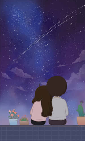 兩個人一起觀看有流星的星空夜空。