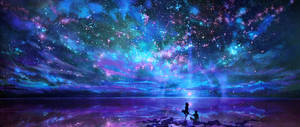 兩人在岸邊坐著，頭上是佈滿彩色星雲的璀璨星空。