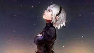 銀發動漫女孩仰望暮色天空中的星星