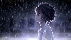 動漫男孩夜晚站在雨中，戲劇性燈光。