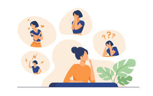 女士沉思，對話氣泡顯示不同情緒。