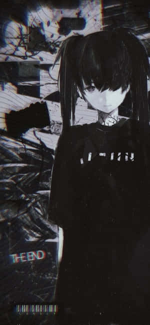 故障黑暗背景中的雙馬尾動漫女孩和THE END文字