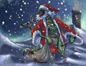 穿著聖誕老人服的綠色哥布林在雪夜中拿著血袋和刀。