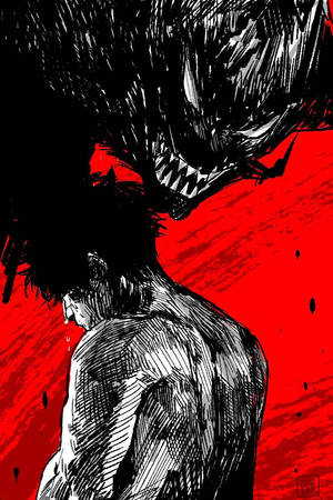 一個男人在紅色背景的動漫插圖中面對一隻怪物般的野獸。 — 動漫打鬥 壁紙