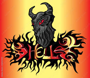 火焰中浮現的魔鬼頭部，帶有紅色眼睛和角，在漸變背景上拼寫「HELL」。