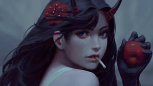 動漫惡魔女孩有紅色角，拿著蘋果和抽煙。