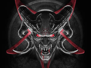 一個帶有發光紅眼和滴血角的惡魔面孔。