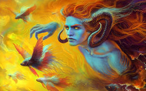 神話中的公羊頭人物，眼睛發光，被色彩繽紛的鬥魚包圍在熾熱的金色火焰中。