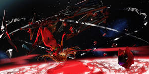 動漫女孩穿著紅色套裝在太空中漂浮，靠近紅色行星上方的破損機械。