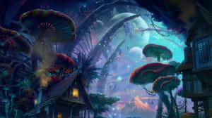 奇幻村莊，有巨大發光蘑菇，上方是星光燦爛的黃昏天空。